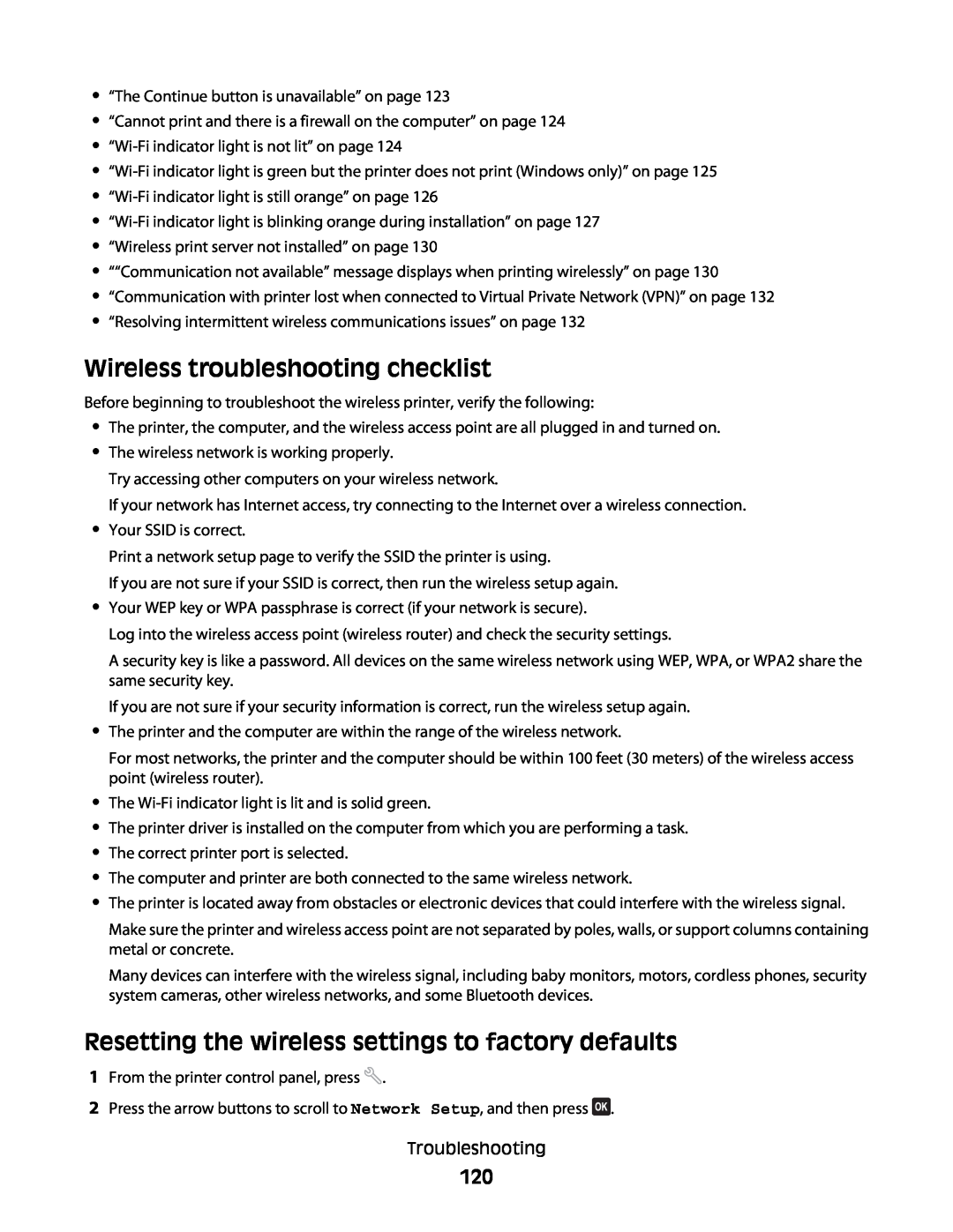 Dell V515W manual Wireless troubleshooting checklist, Resetting the wireless settings to factory defaults 