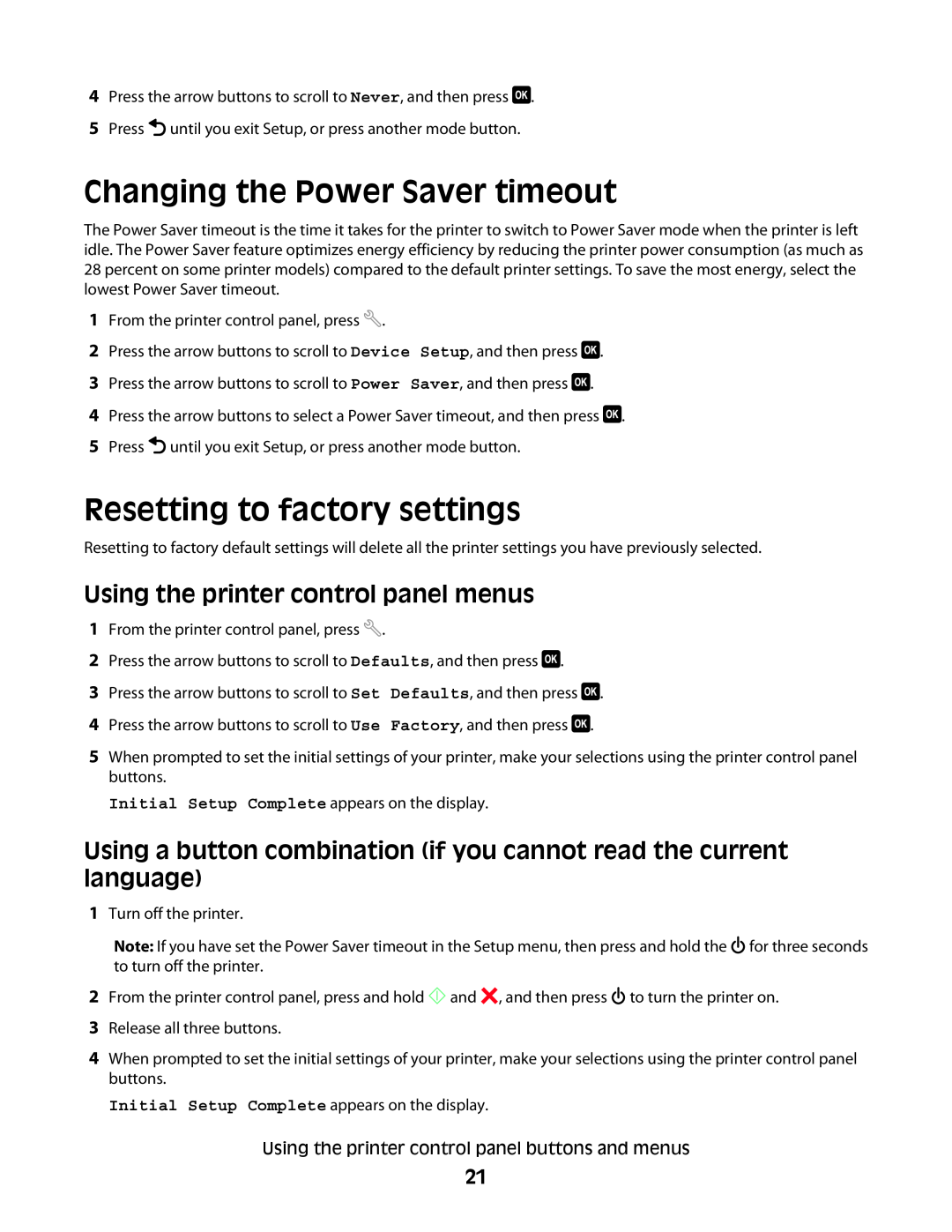 Dell V515W manual Changing the Power Saver timeout, Resetting to factory settings, Using the printer control panel menus 