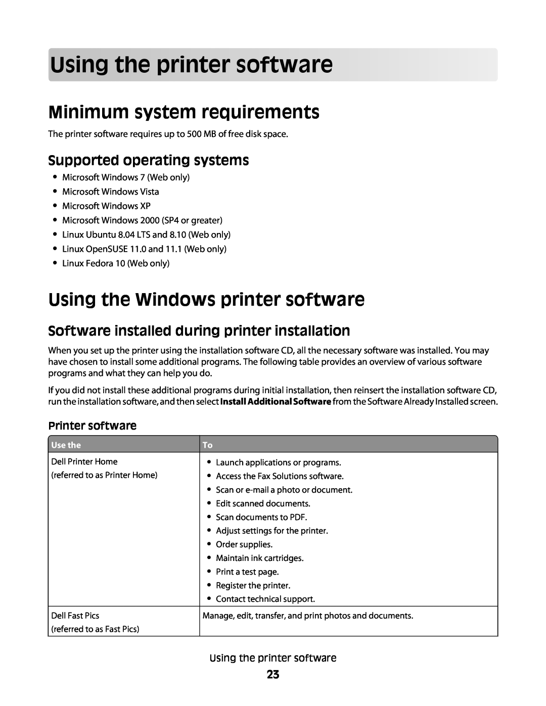 Dell V515W Using the printer software, Minimum system requirements, Using the Windows printer software, Printer software 