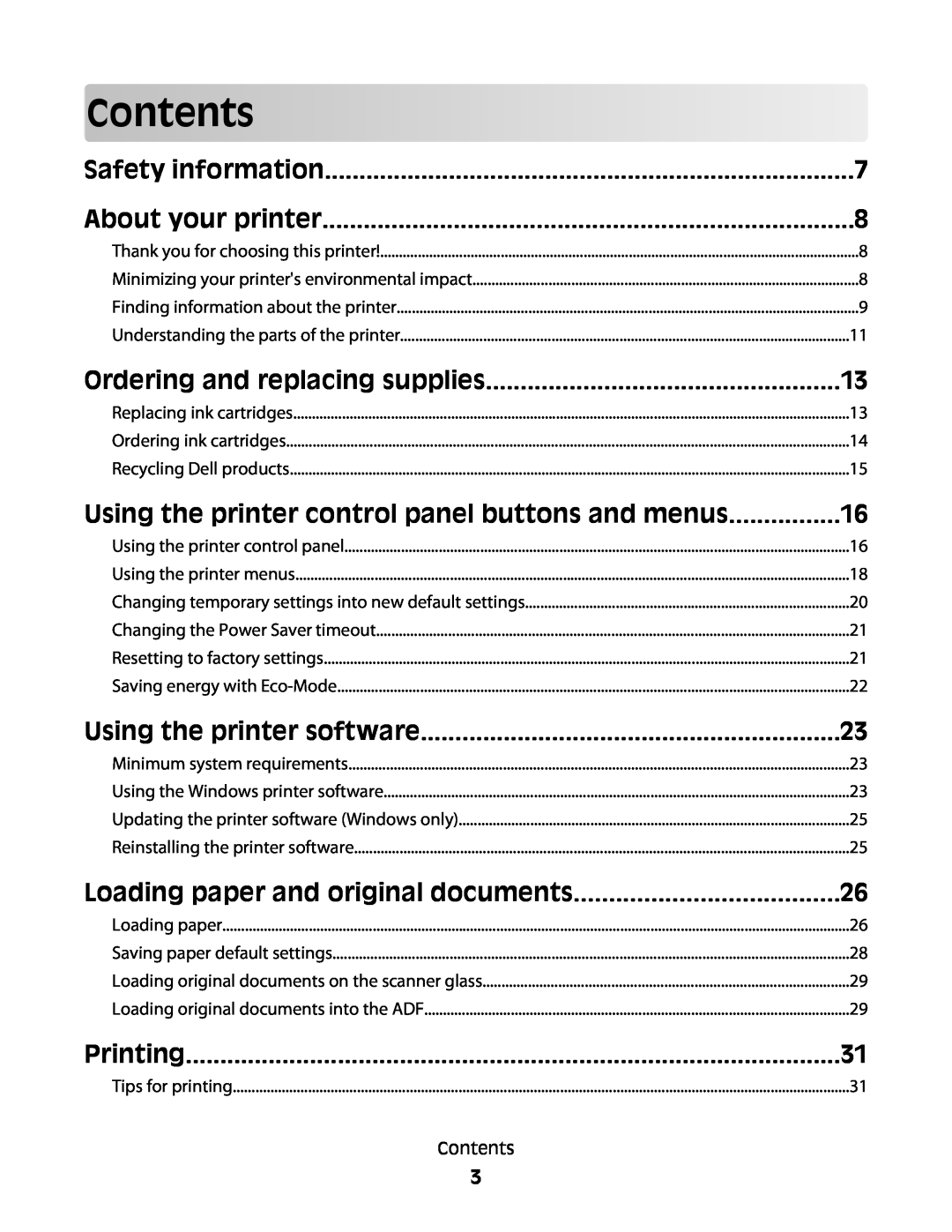 Dell V515W Contents, Safety information, About your printer, Ordering and replacing supplies, Using the printer software 