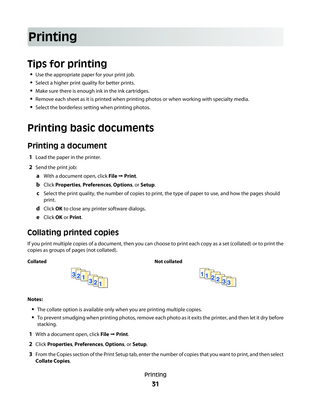 Dell V515W manual Tips for printing, Printing basic documents, Printing a document, Collating printed copies 