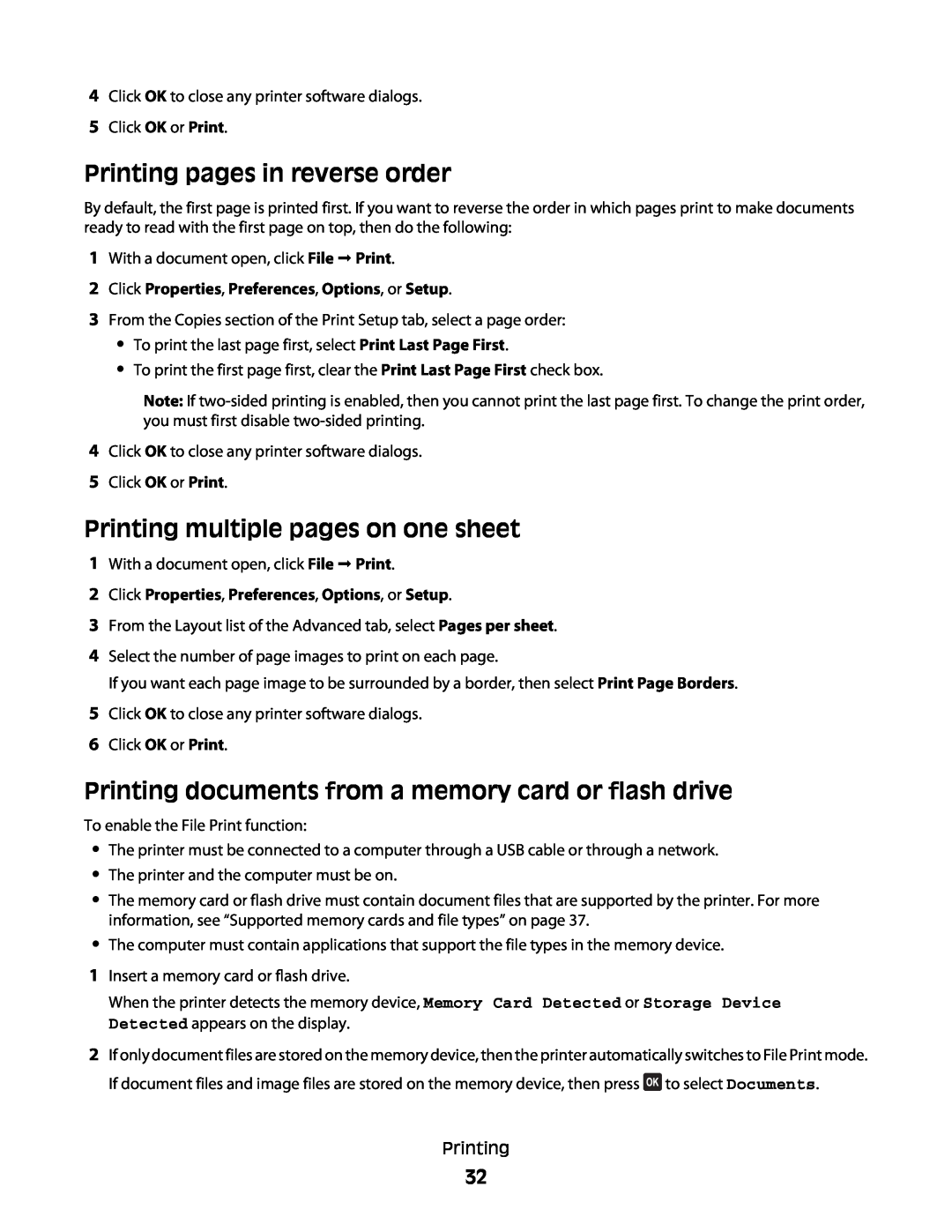 Dell V515W manual Printing pages in reverse order, Printing multiple pages on one sheet 