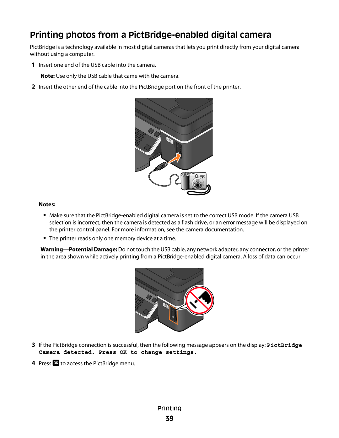 Dell V515W manual Printing photos from a PictBridge-enabled digital camera, Camera detected. Press OK to change settings 