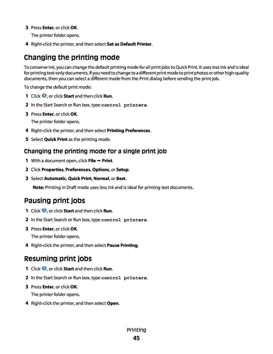 Dell V515W manual Changing the printing mode, Pausing print jobs, Resuming print jobs 