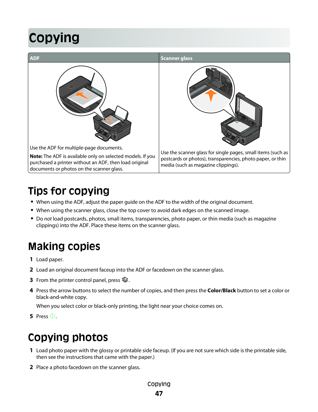 Dell V515W manual Tips for copying, Making copies, Copying photos 