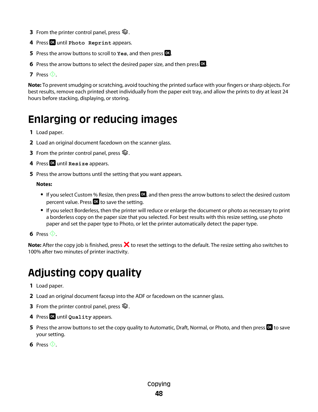 Dell V515W manual Enlarging or reducing images, Adjusting copy quality 