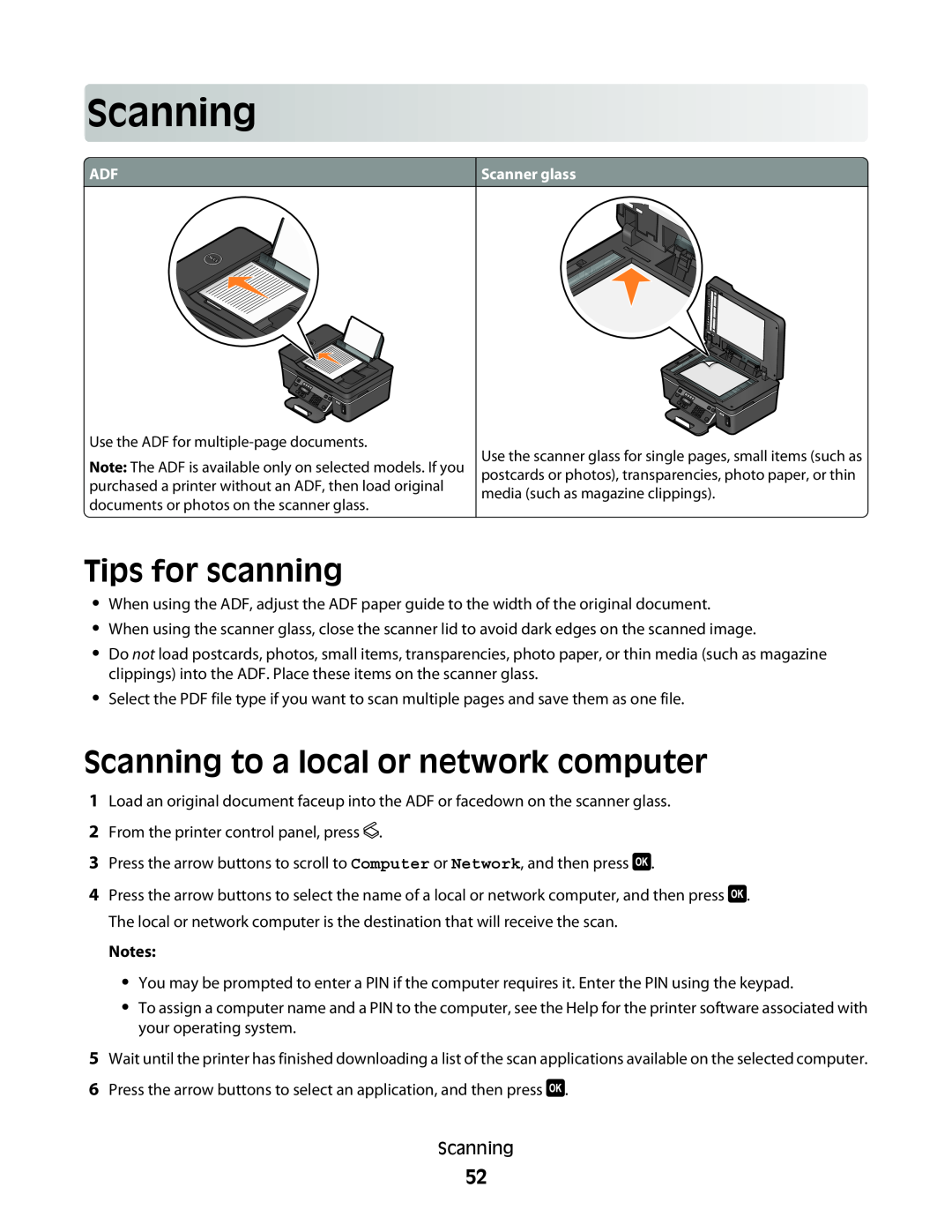 Dell V515W manual Tips for scanning, Scanning to a local or network computer 
