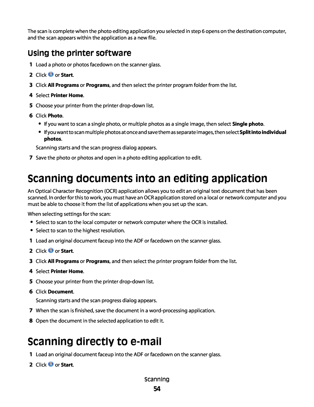 Dell V515W manual Scanning documents into an editing application, Scanning directly to e-mail, Using the printer software 