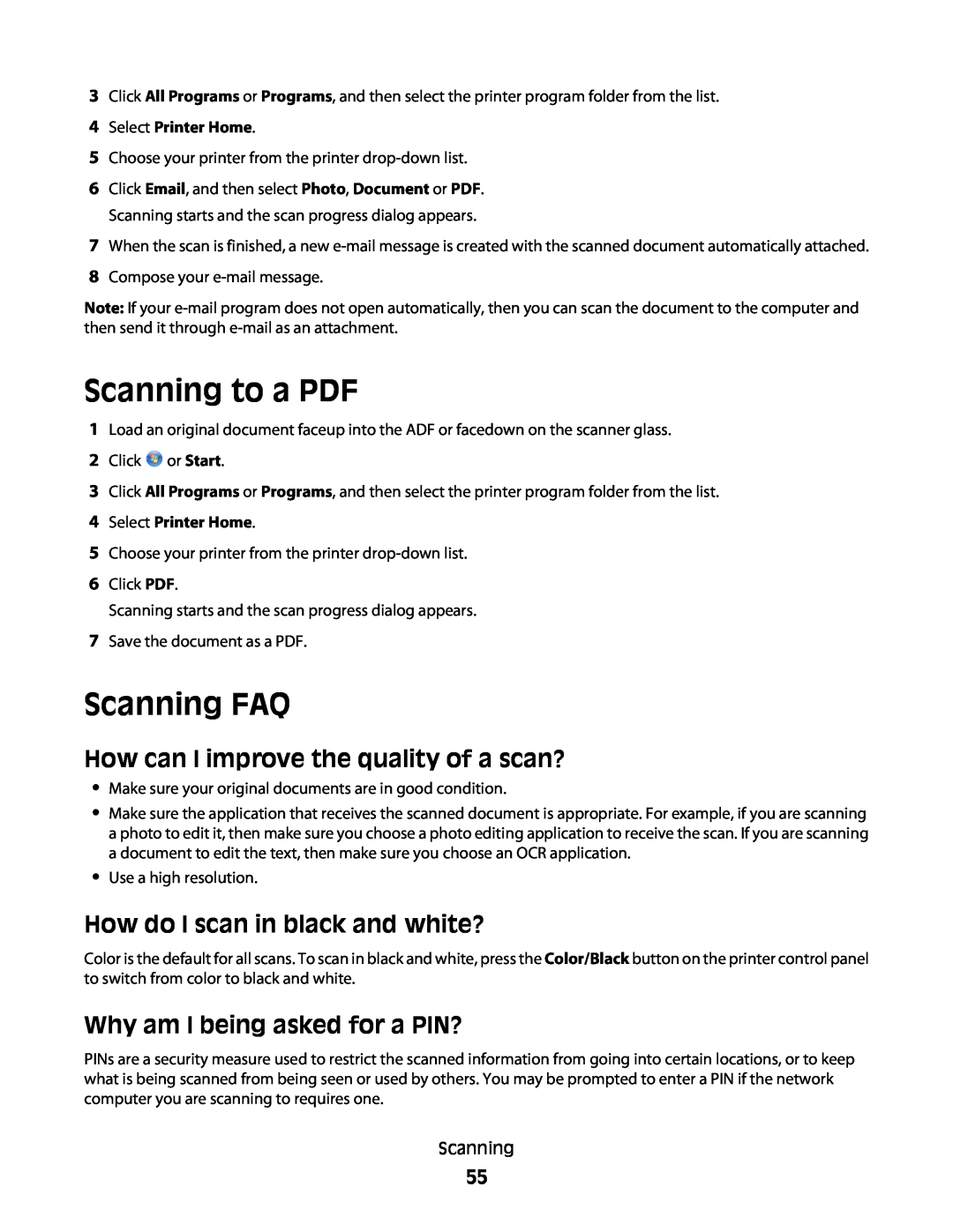 Dell V515W Scanning to a PDF, Scanning FAQ, How can I improve the quality of a scan?, How do I scan in black and white? 