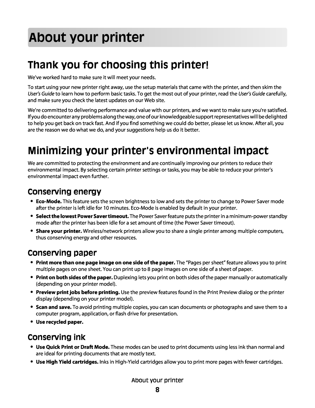 Dell V515W manual About your printer, Thank you for choosing this printer, Minimizing your printers environmental impact 