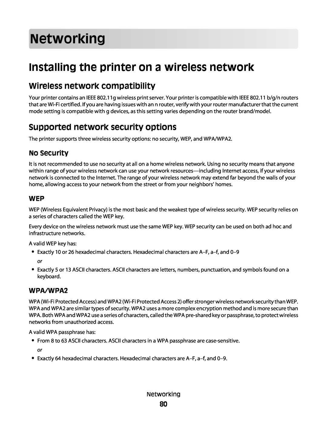 Dell V515W Networking, Installing the printer on a wireless network, Wireless network compatibility, No Security, WPA/WPA2 