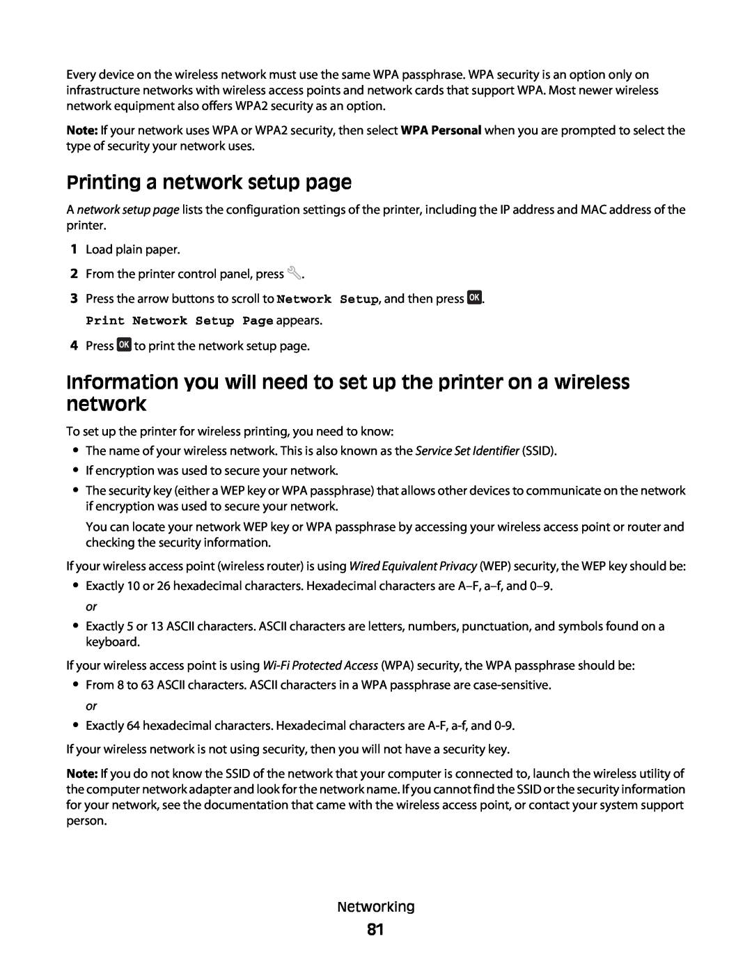 Dell V515W manual Printing a network setup page, Information you will need to set up the printer on a wireless network 