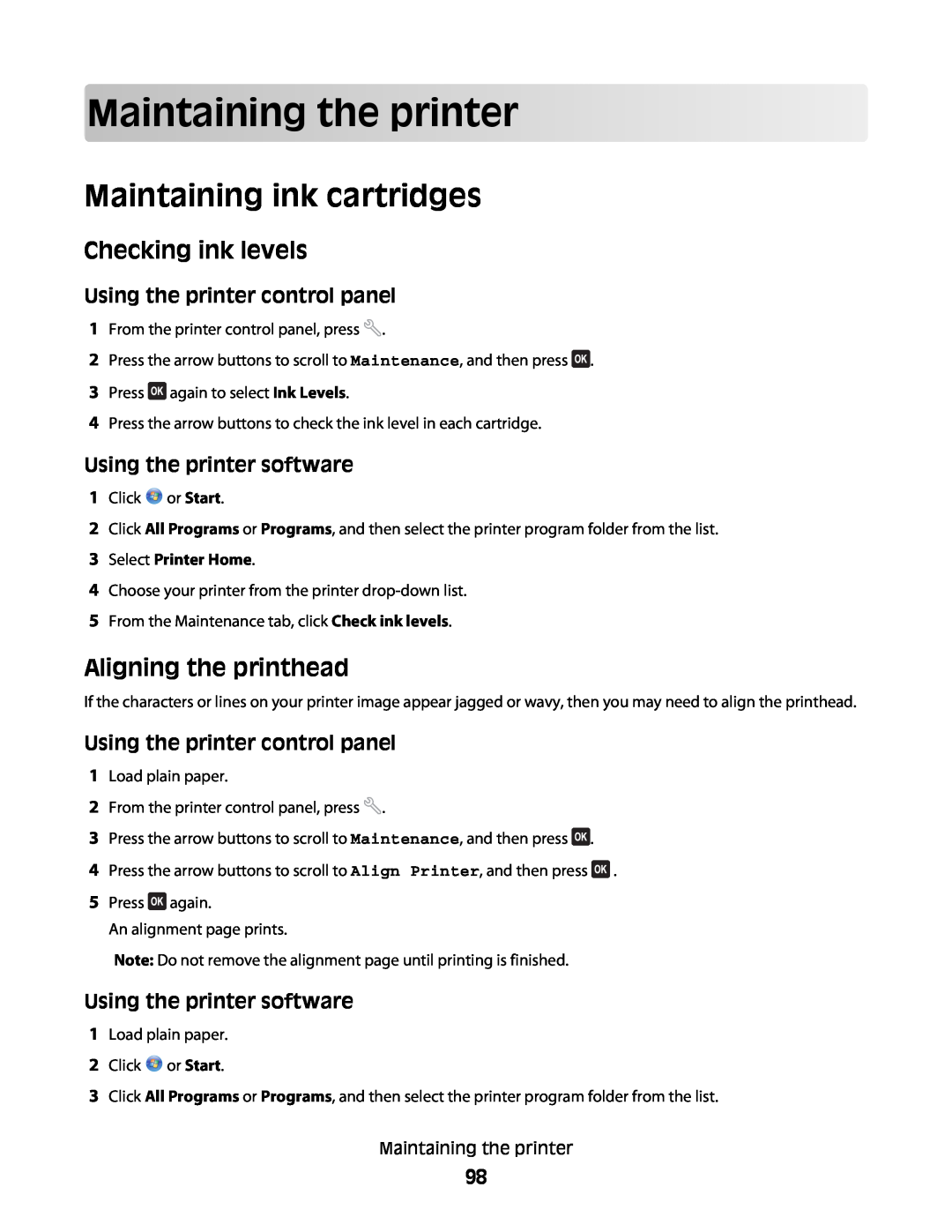Dell V515W manual Maintaining the printer, Maintaining ink cartridges, Checking ink levels, Aligning the printhead 