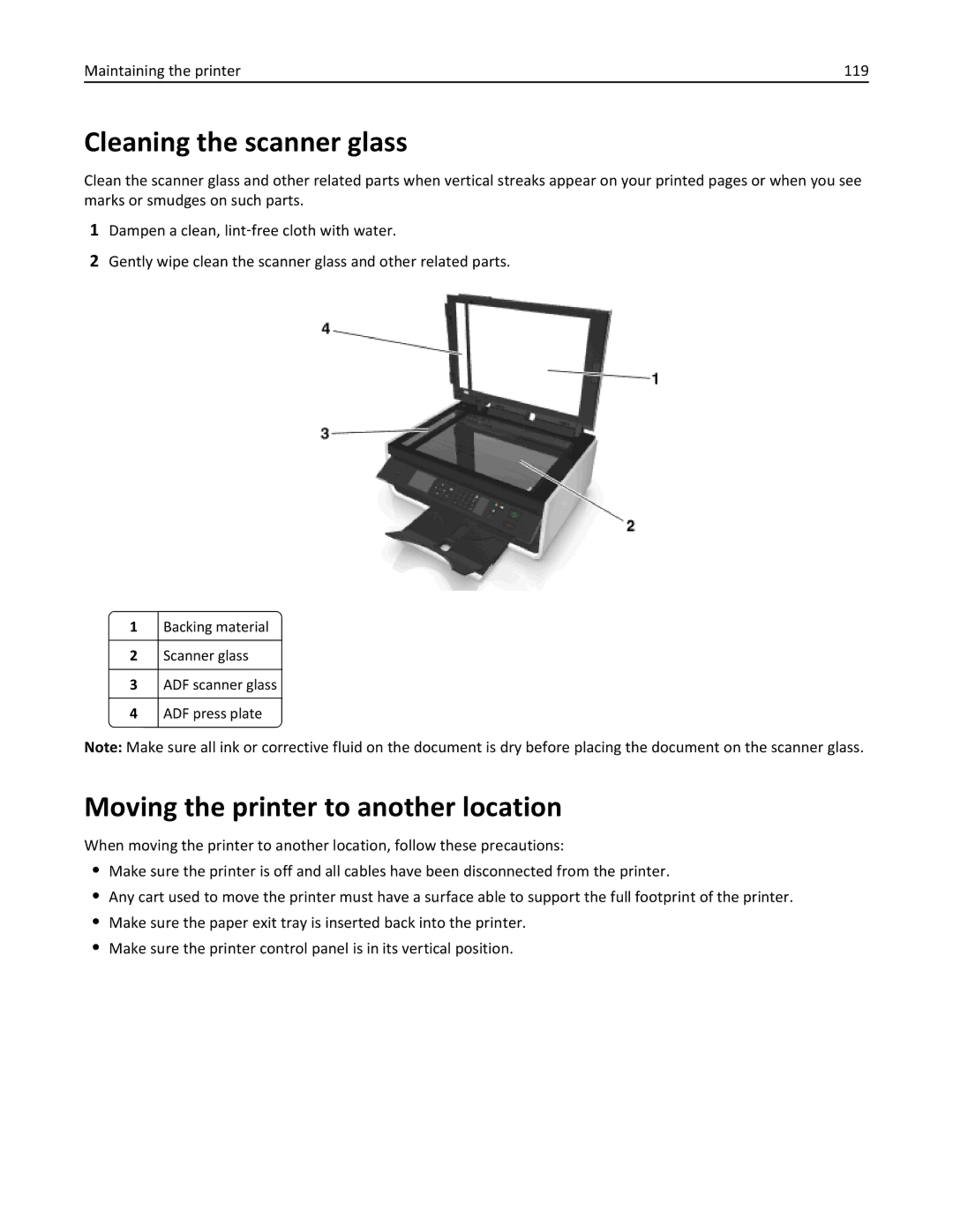 Dell V525W manual Cleaning the scanner glass, Moving the printer to another location 