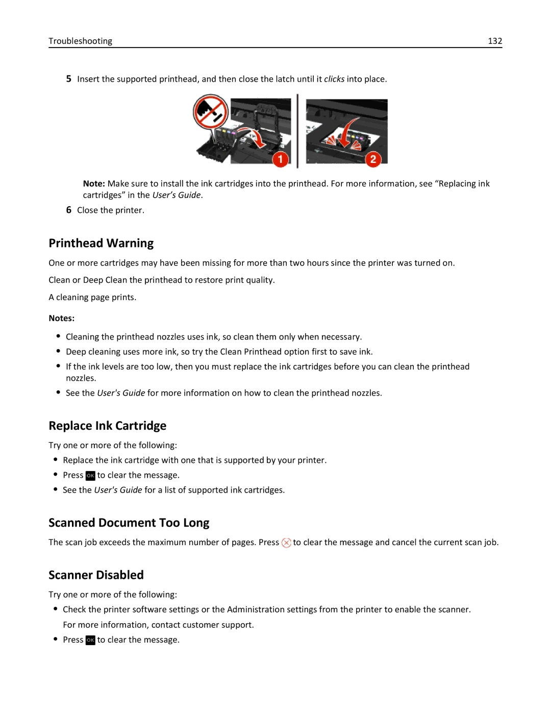 Dell V525W manual Printhead Warning, Replace Ink Cartridge, Scanned Document Too Long, Scanner Disabled 