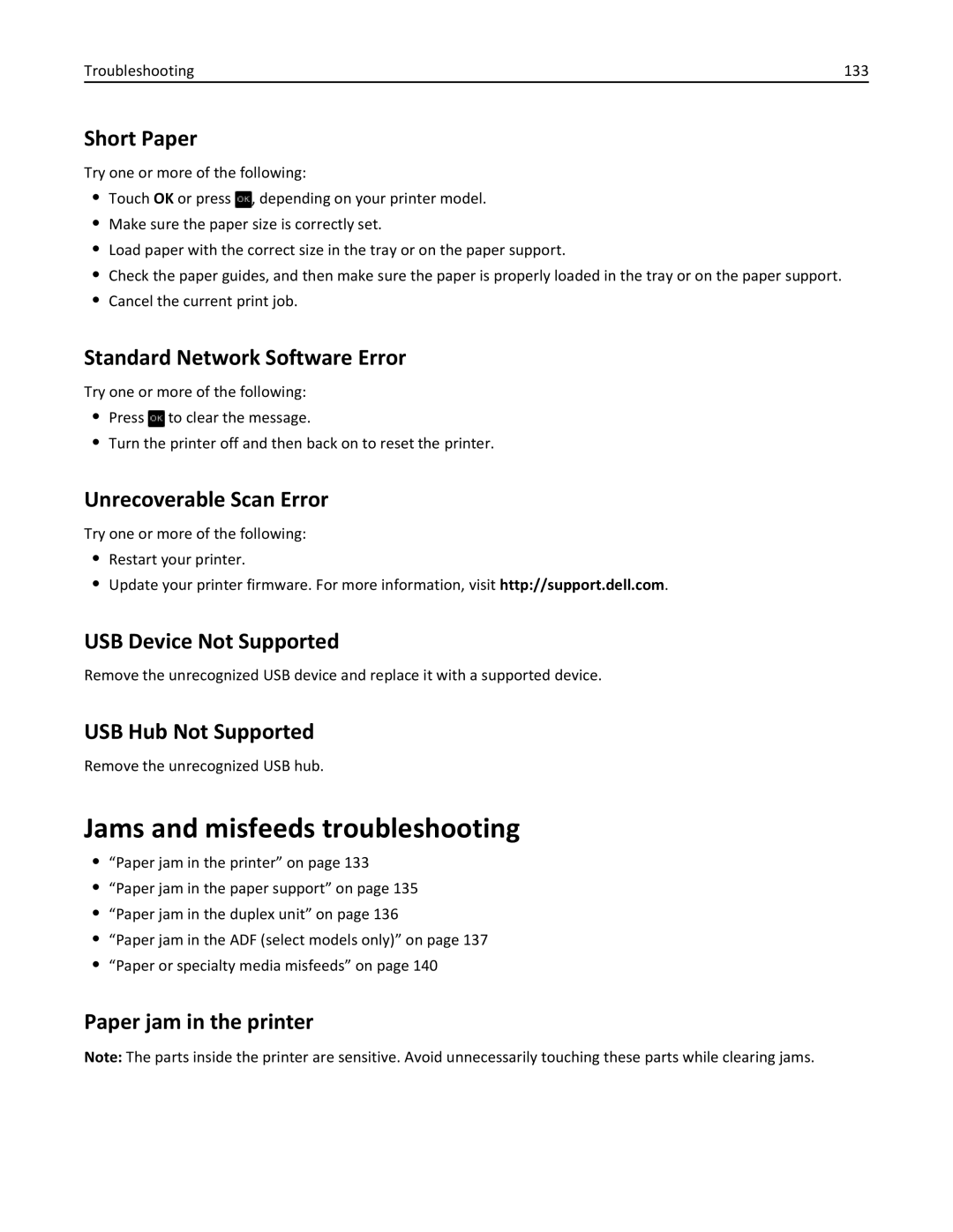 Dell V525W manual Jams and misfeeds troubleshooting 