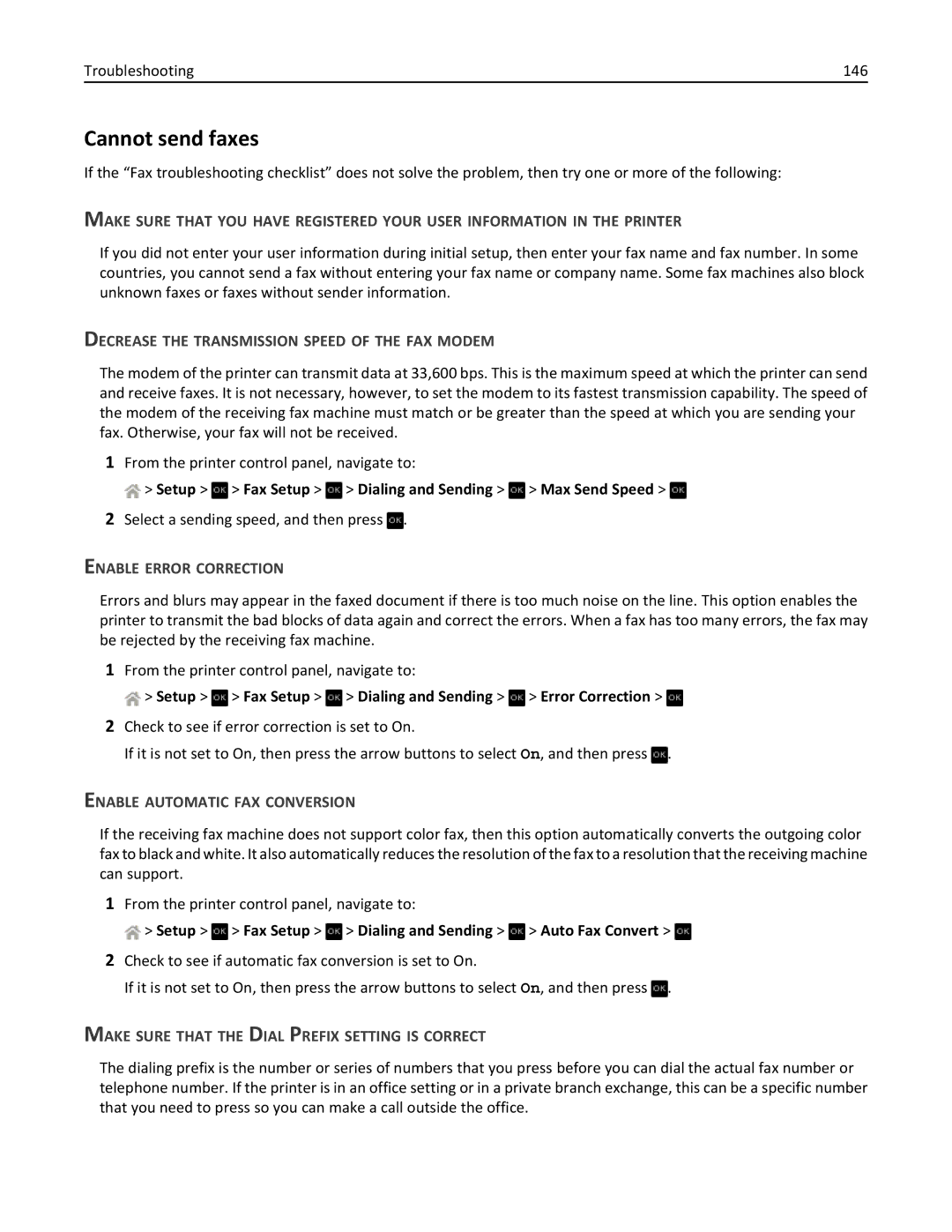 Dell V525W manual Cannot send faxes, Decrease the Transmission Speed of the FAX Modem, Enable Error Correction 