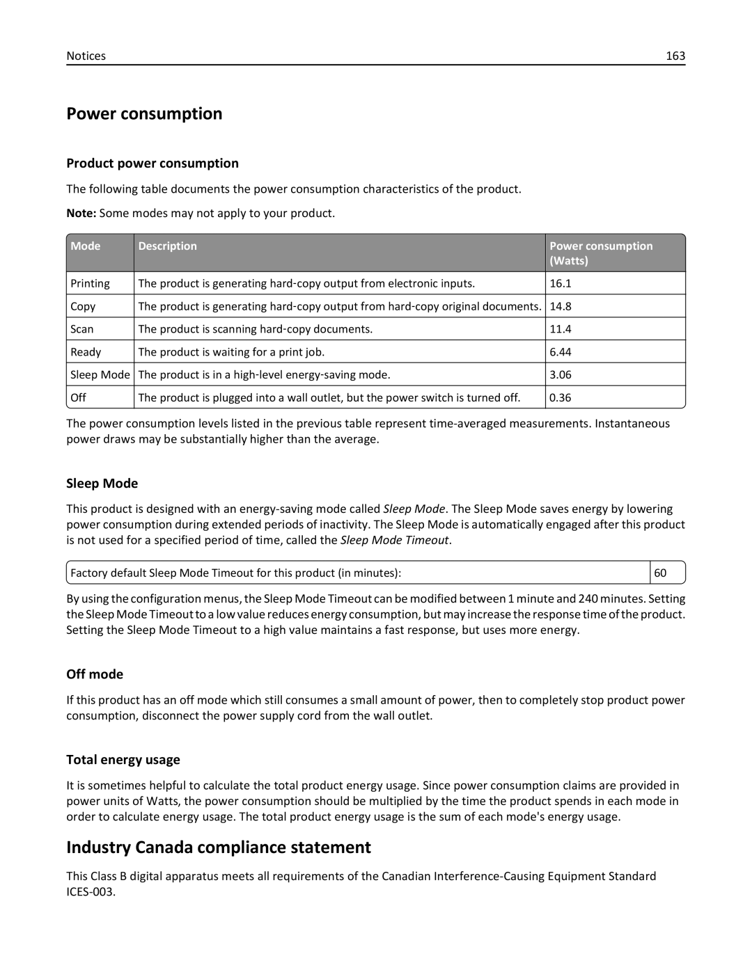 Dell V525W manual Power consumption, Industry Canada compliance statement 