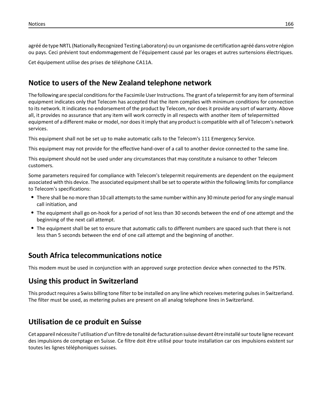 Dell V525W South Africa telecommunications notice, Using this product in Switzerland, Utilisation de ce produit en Suisse 