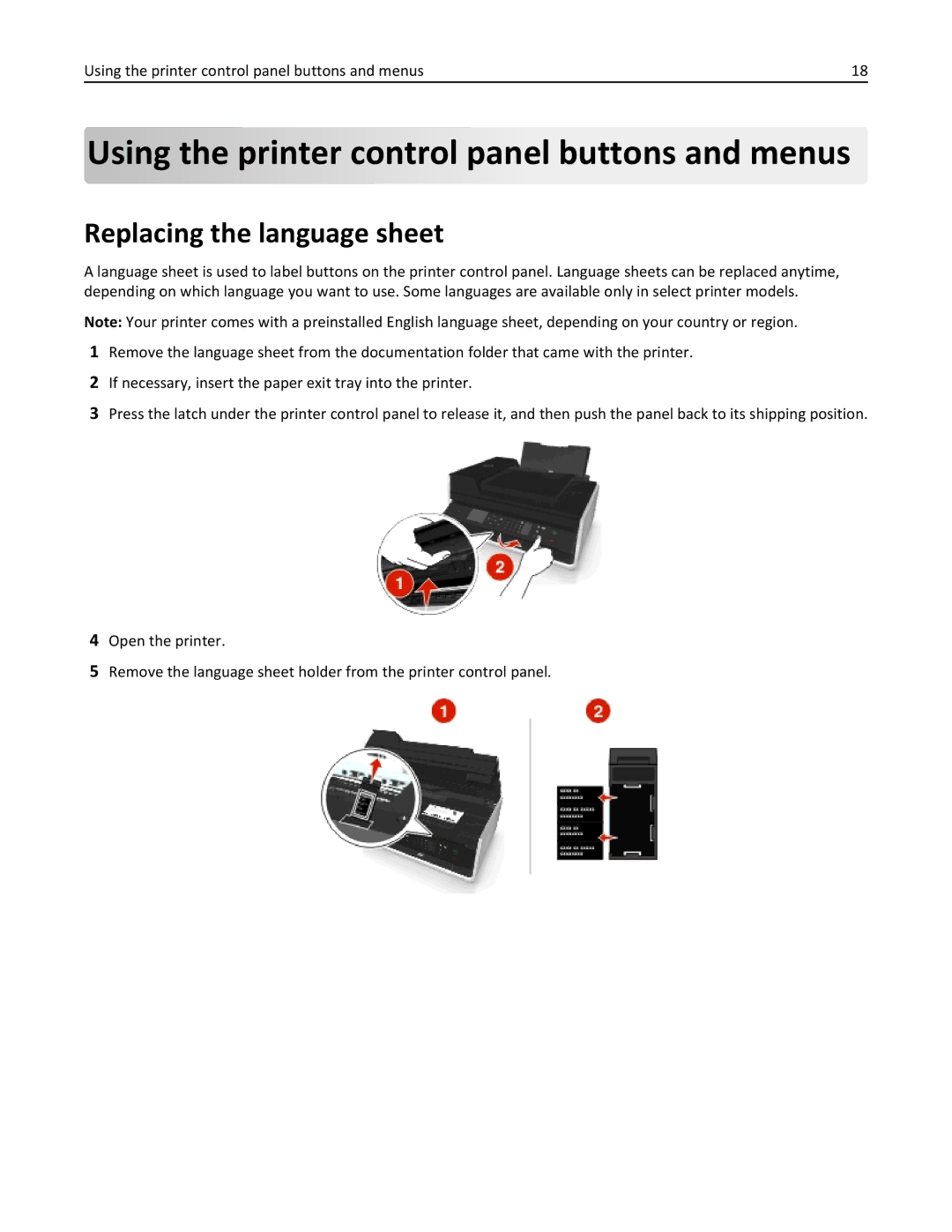 Dell V525W manual Using the printer control panel buttons and menus, Replacing the language sheet 