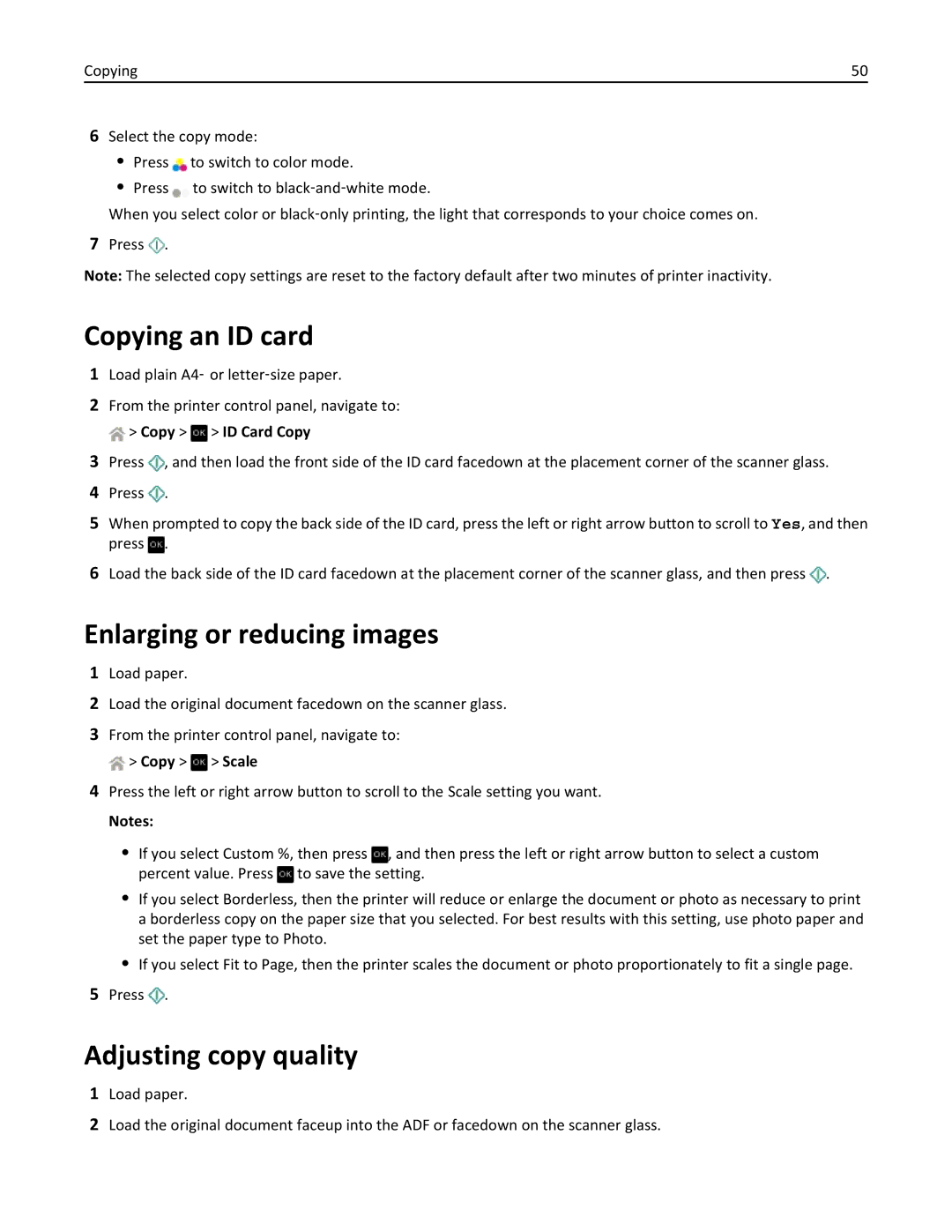 Dell V525W manual Copying an ID card, Enlarging or reducing images, Adjusting copy quality 