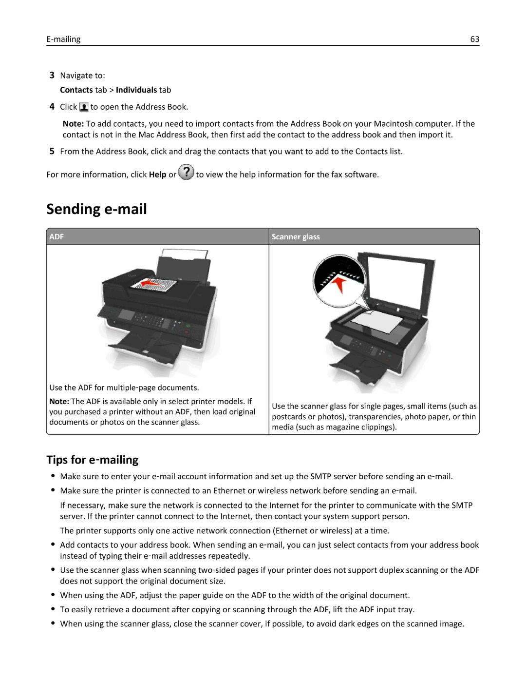 Dell V525W manual Sending e-mail, Tips for e‑mailing, Contacts tab Individuals tab 