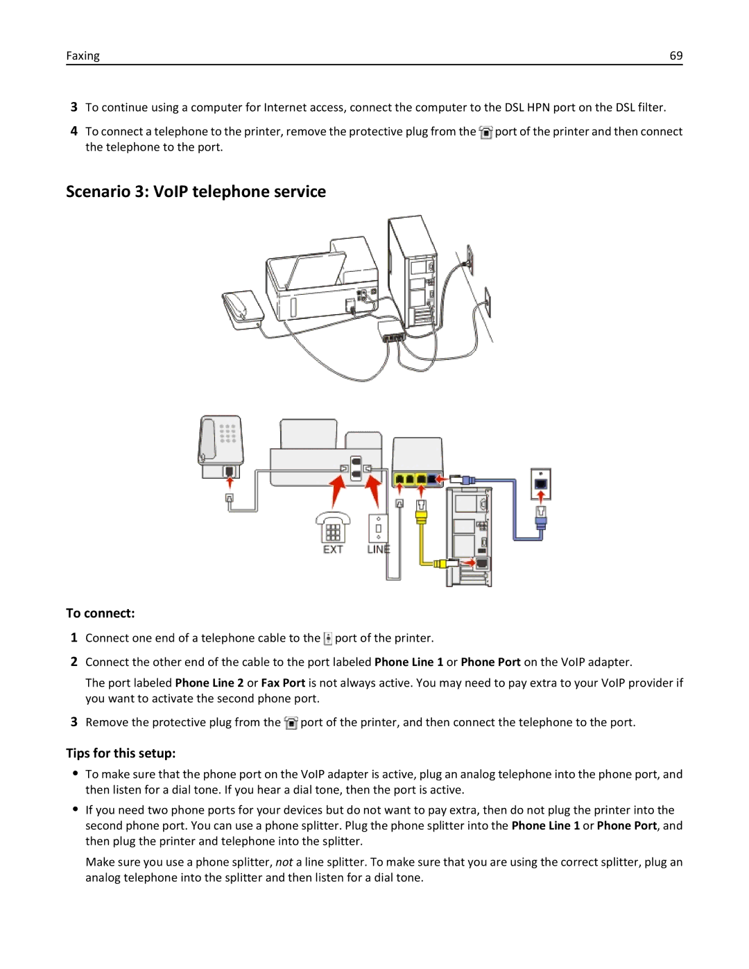 Dell V525W manual Scenario 3 VoIP telephone service, To connect, Tips for this setup 