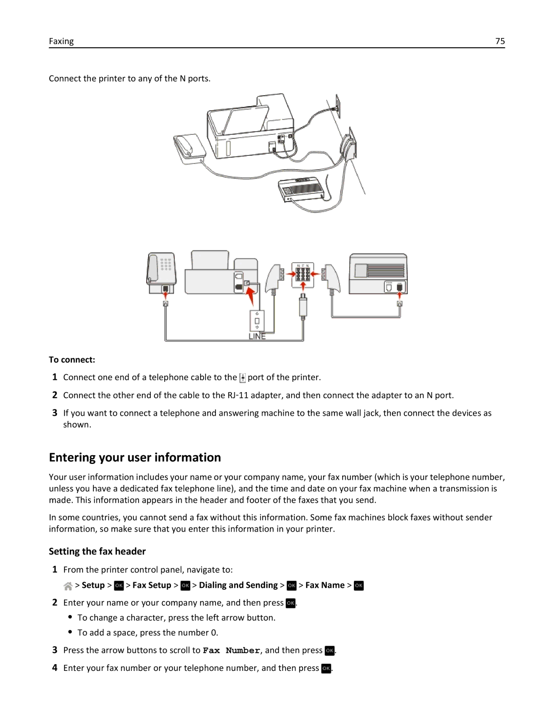 Dell V525W manual Entering your user information, Setting the fax header, Setup Fax Setup Dialing and Sending Fax Name 