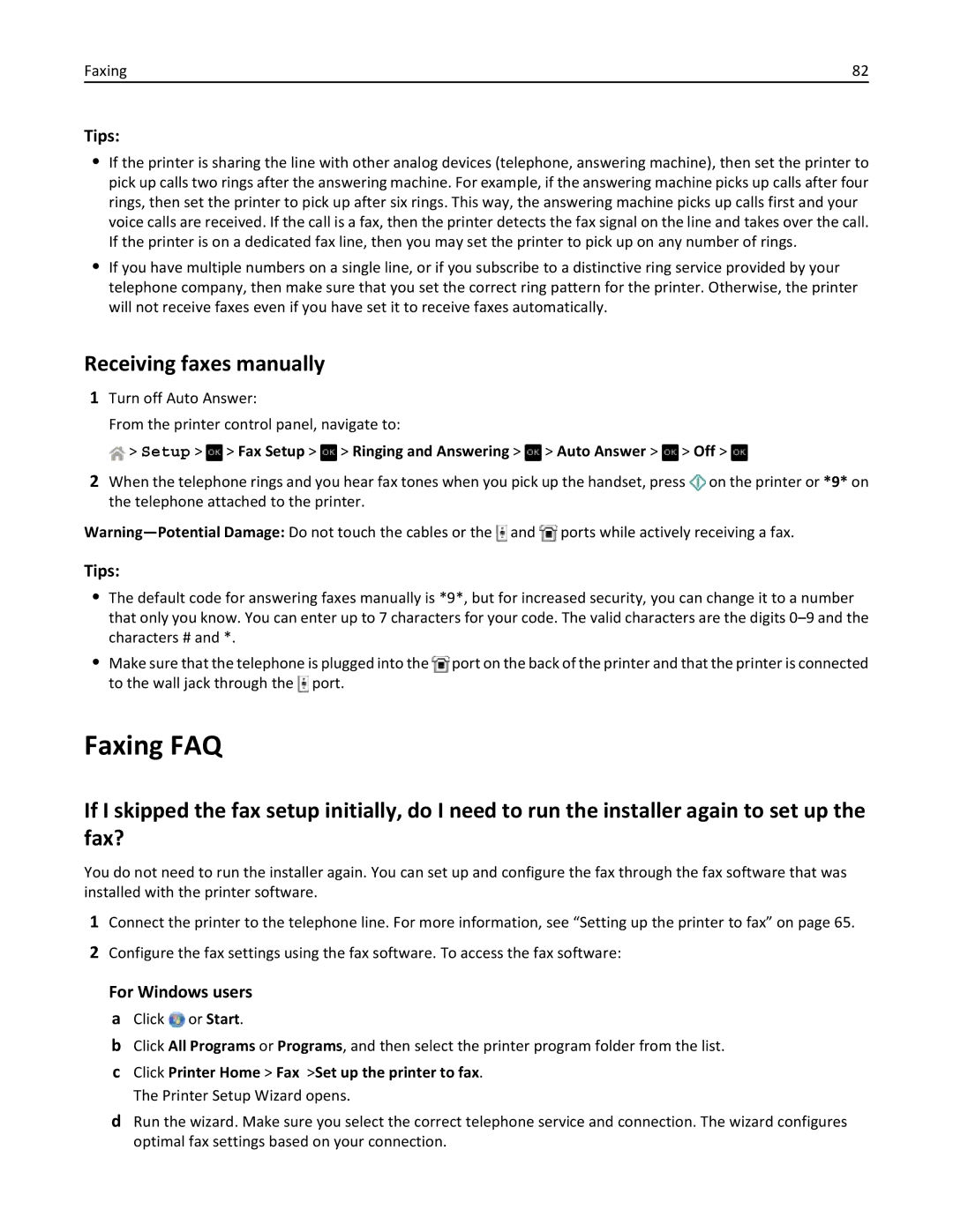 Dell V525W Faxing FAQ, Receiving faxes manually, Tips, Setup Fax Setup Ringing and Answering Auto Answer Off 