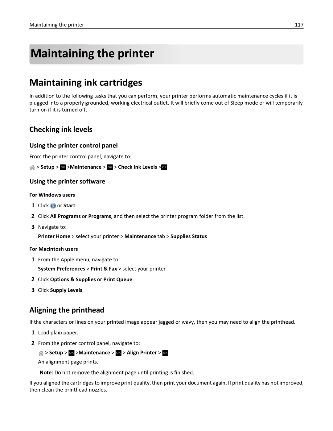 Dell V525W manual Maintaining the printer, Maintaining ink cartridges, Checking ink levels, Aligning the printhead 