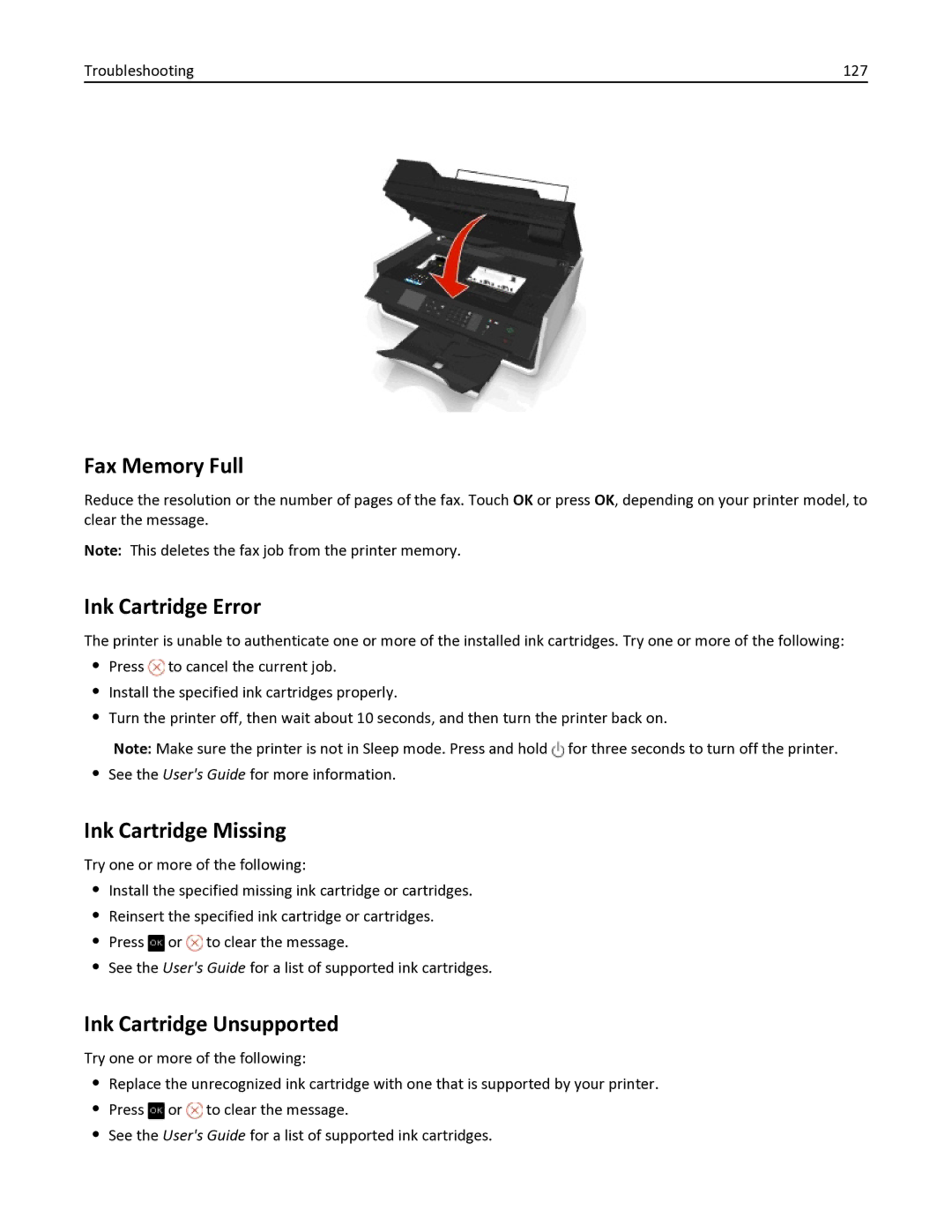 Dell V525W manual Fax Memory Full, Ink Cartridge Error, Ink Cartridge Missing, Ink Cartridge Unsupported 
