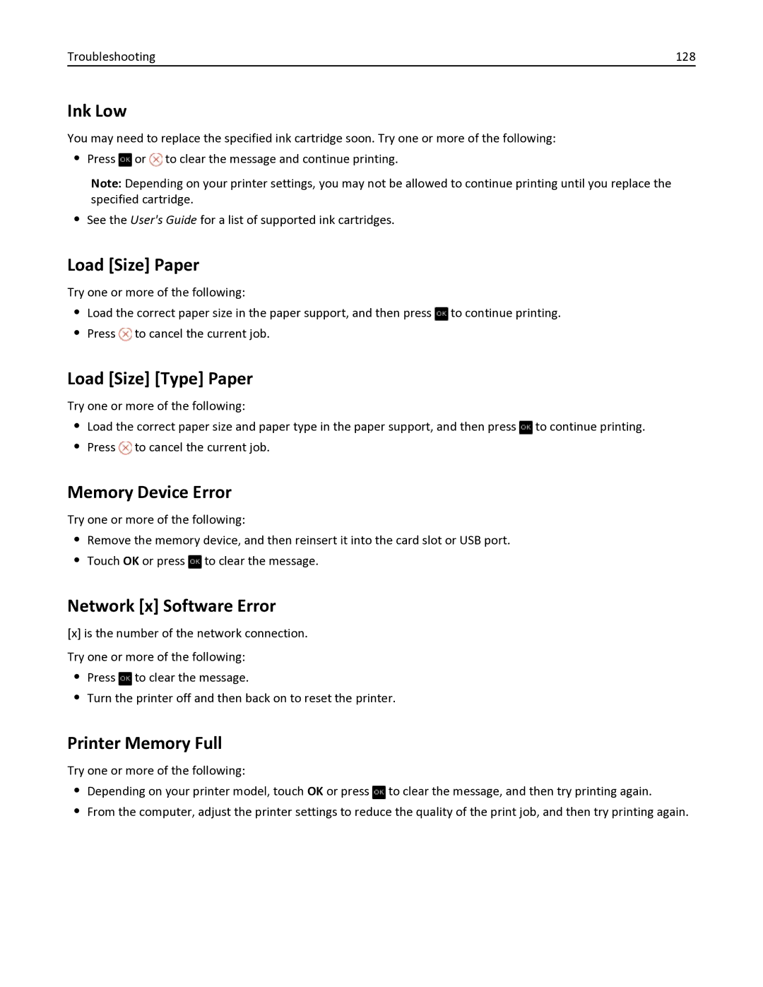 Dell V525W manual Ink Low, Load Size Paper, Load Size Type Paper, Memory Device Error, Network x Software Error 