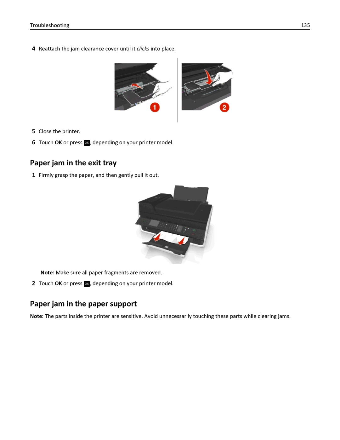 Dell V525W manual Paper jam in the exit tray, Paper jam in the paper support 