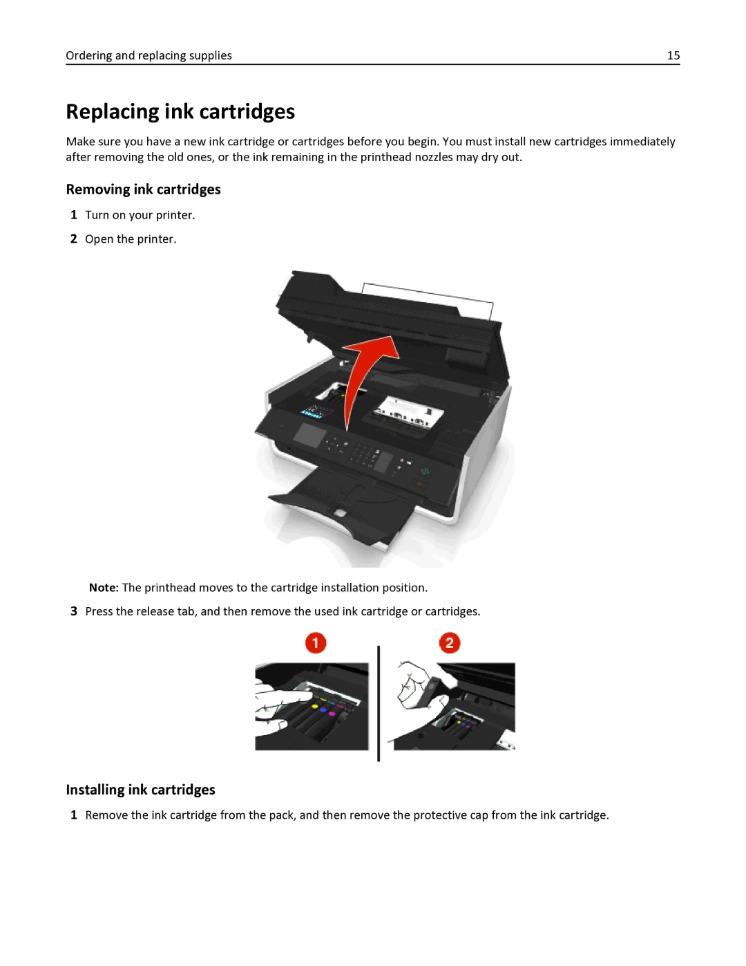 Dell V525W manual Replacing ink cartridges, Removing ink cartridges, Installing ink cartridges 
