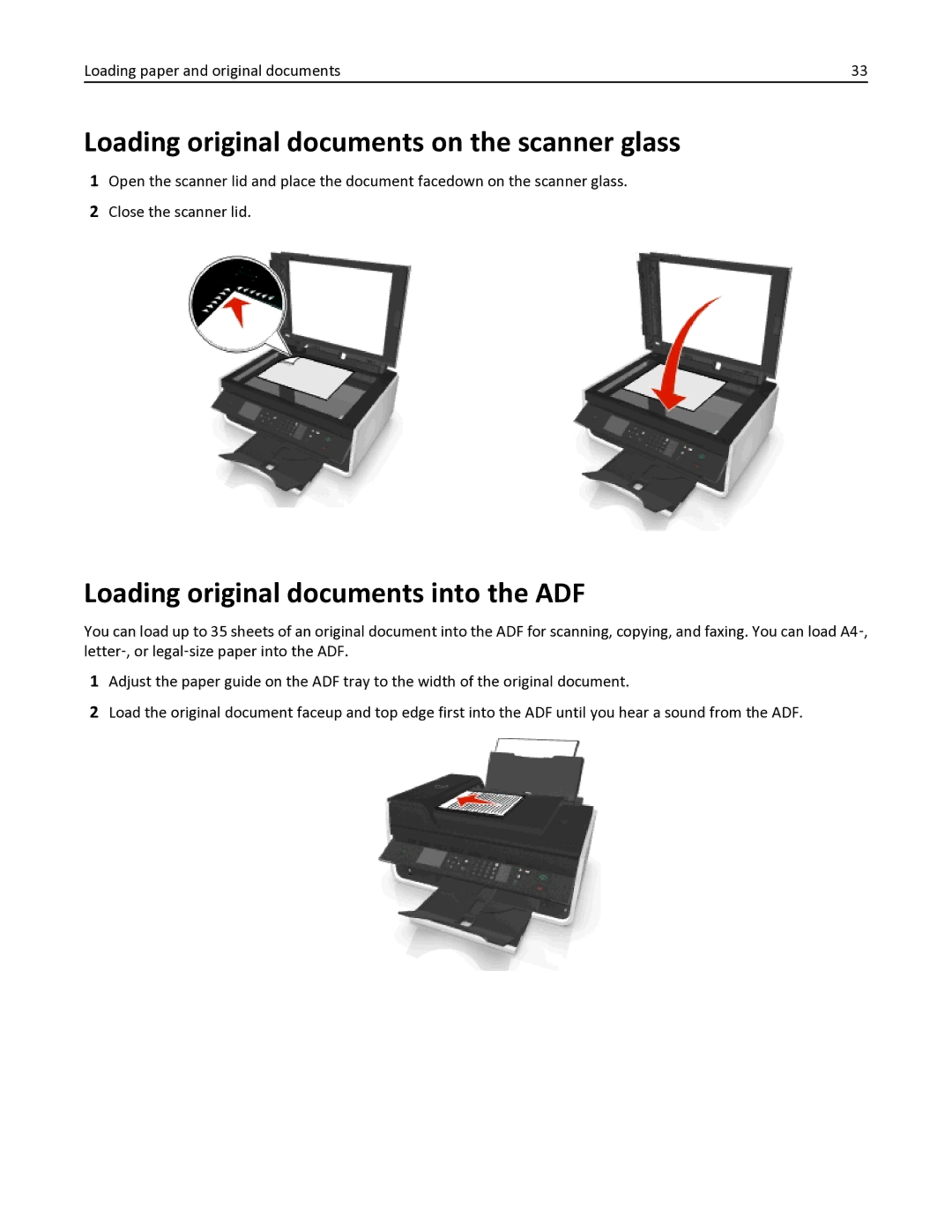 Dell V525W manual Loading original documents on the scanner glass, Loading original documents into the ADF 