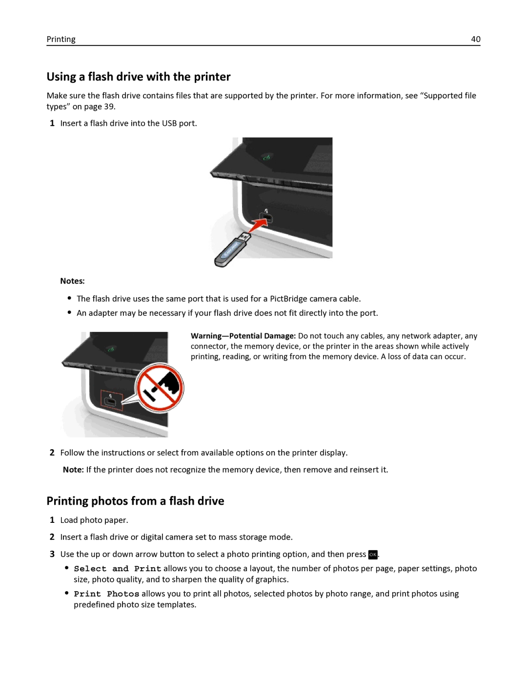 Dell V525W manual Using a flash drive with the printer, Printing photos from a flash drive 