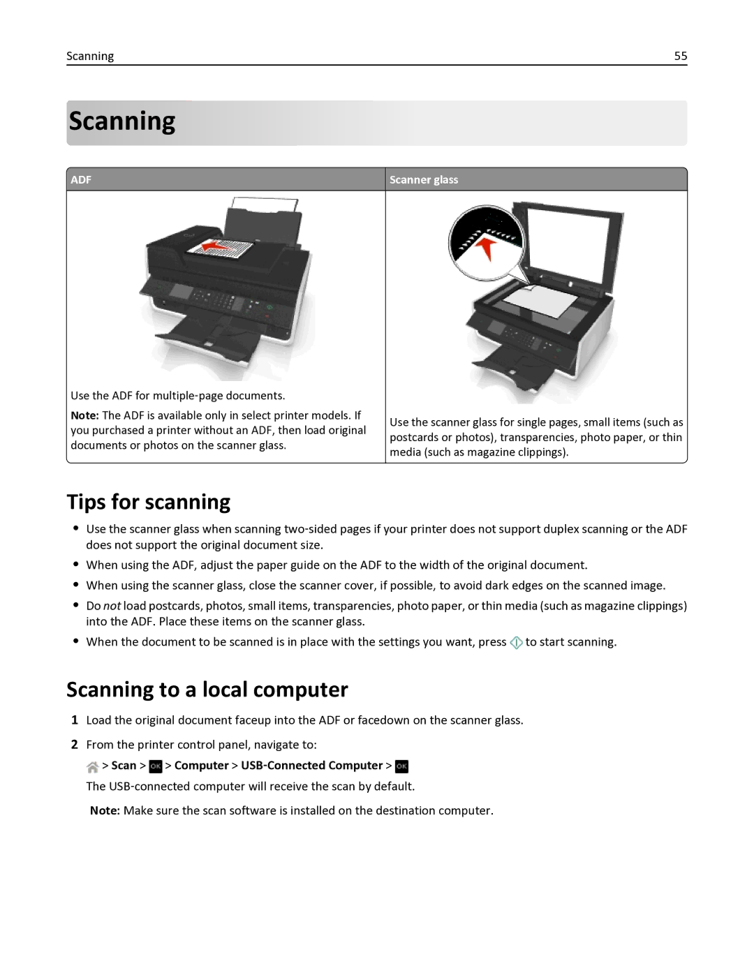 Dell V525W manual Tips for scanning, Scanning to a local computer 