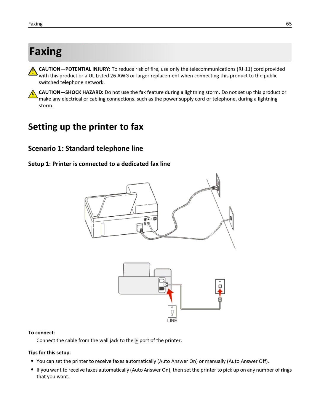 Dell V525W manual Faxing, Setting up the printer to fax, Scenario 1 Standard telephone line 