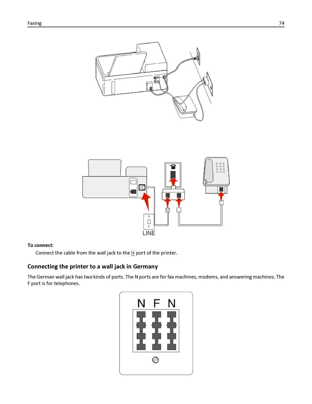 Dell V525W manual Connecting the printer to a wall jack in Germany 