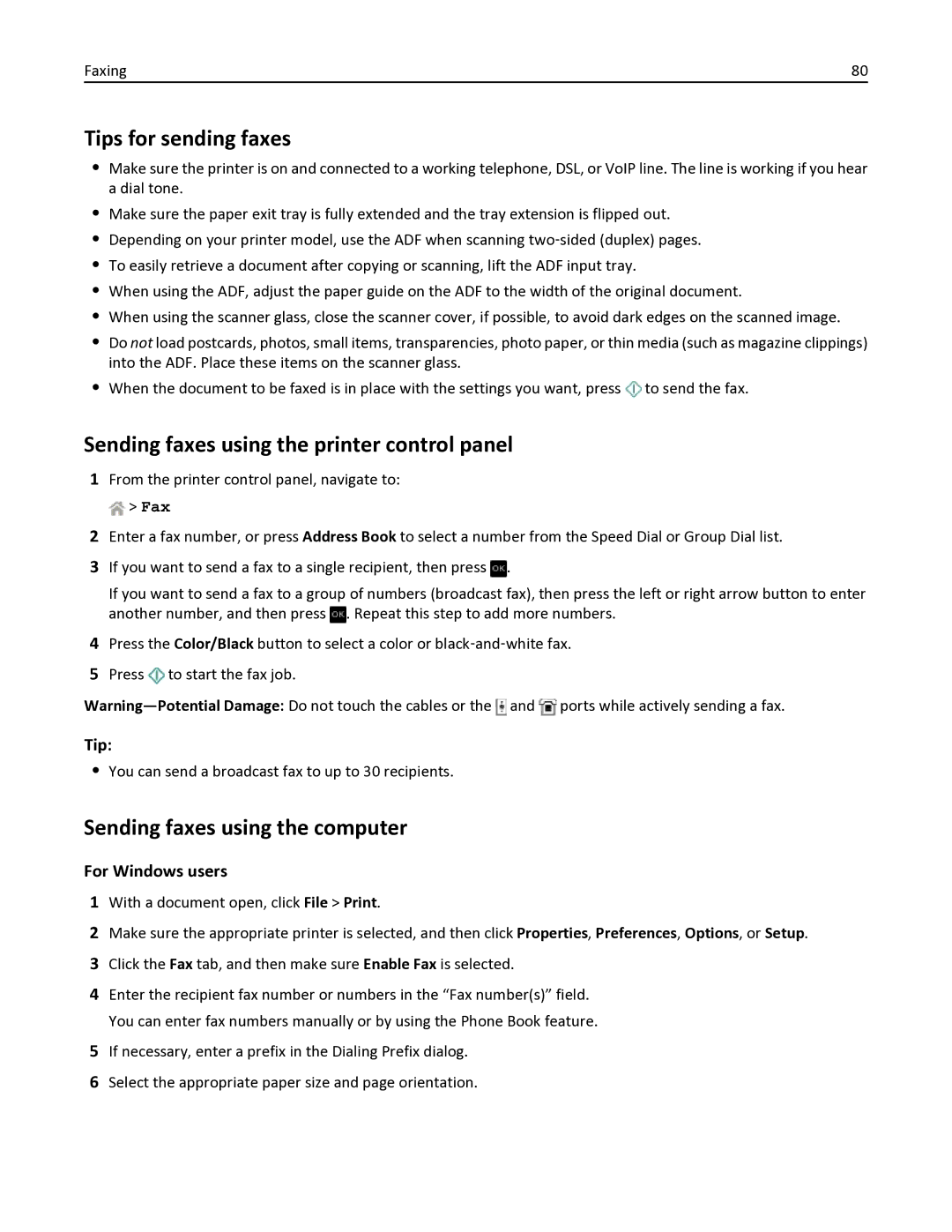 Dell V525W manual Tips for sending faxes, Sending faxes using the printer control panel, Sending faxes using the computer 