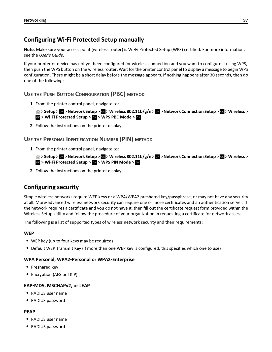 Dell V525W Configuring Wi‑Fi Protected Setup manually, Configuring security, EAP‑MD5, MSCHAPv2, or Leap 