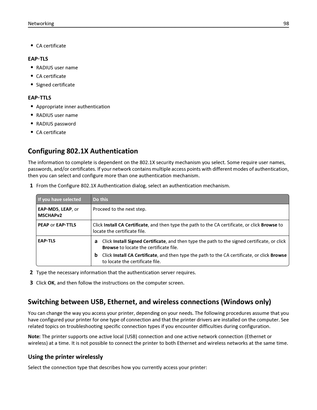 Dell V525W manual Configuring 802.1X Authentication, Using the printer wirelessly 