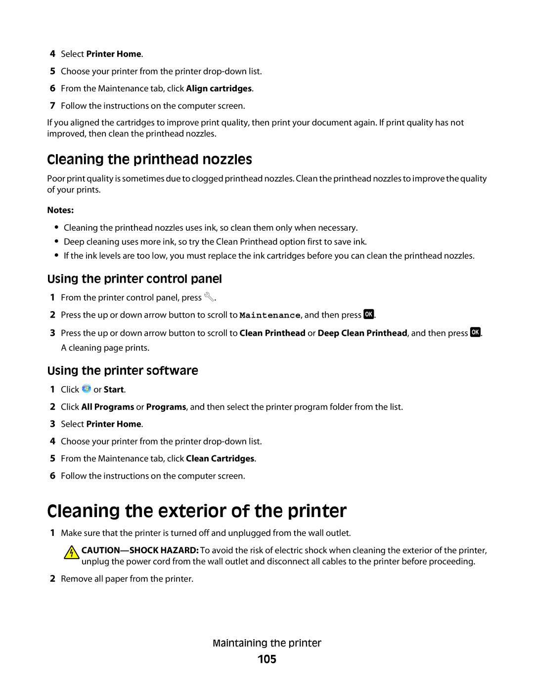 Dell V715W, 5dw, 1dw manual Cleaning the exterior of the printer, Cleaning the printhead nozzles, 105 