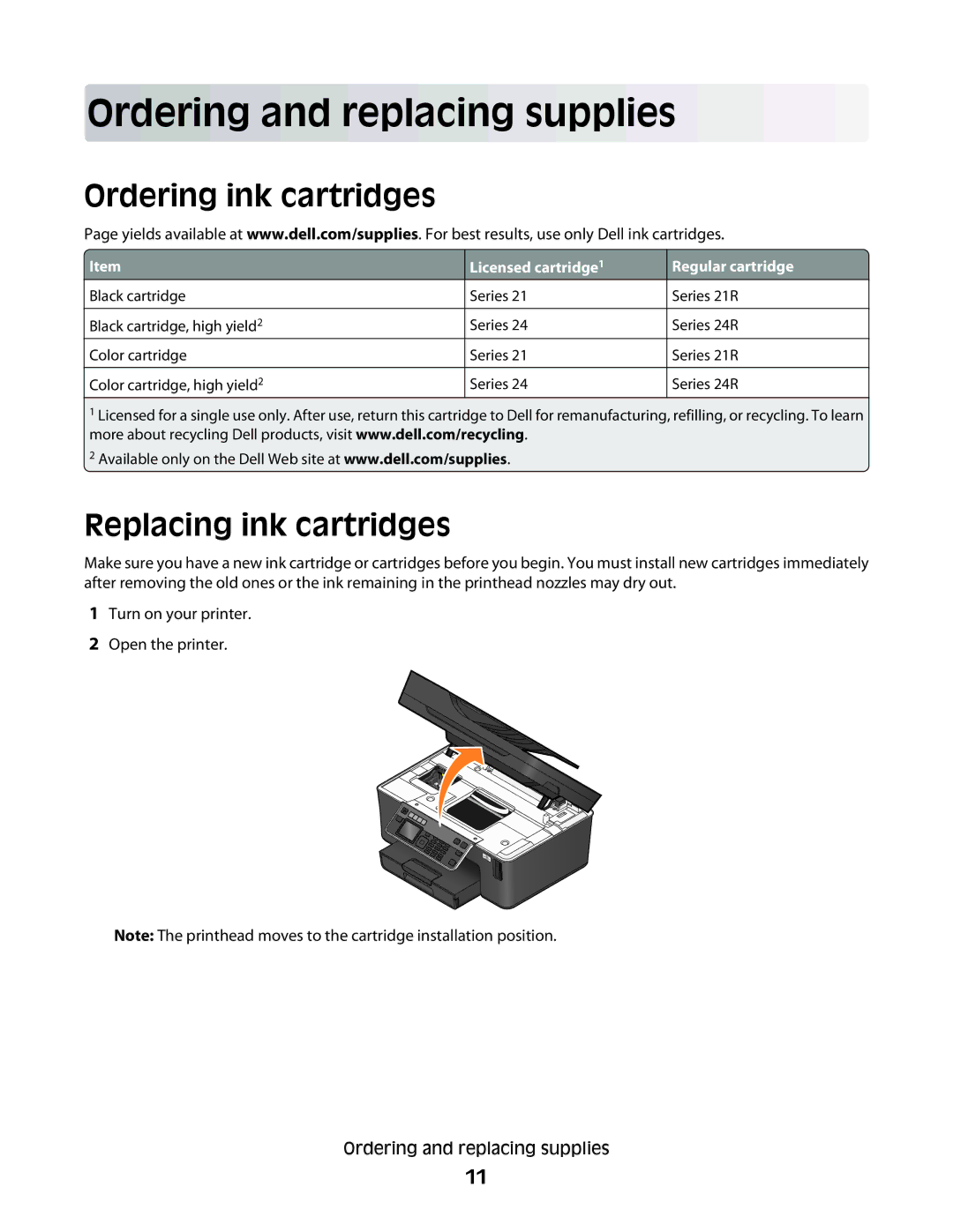 Dell 1dw, V715W, 5dw manual Ordering and replacing supplies, Ordering ink cartridges, Replacing ink cartridges 