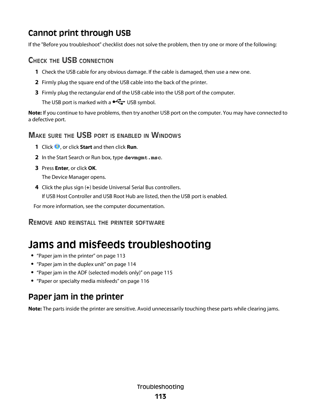 Dell 1dw, V715W, 5dw manual Jams and misfeeds troubleshooting, Cannot print through USB, Paper jam in the printer, 113 