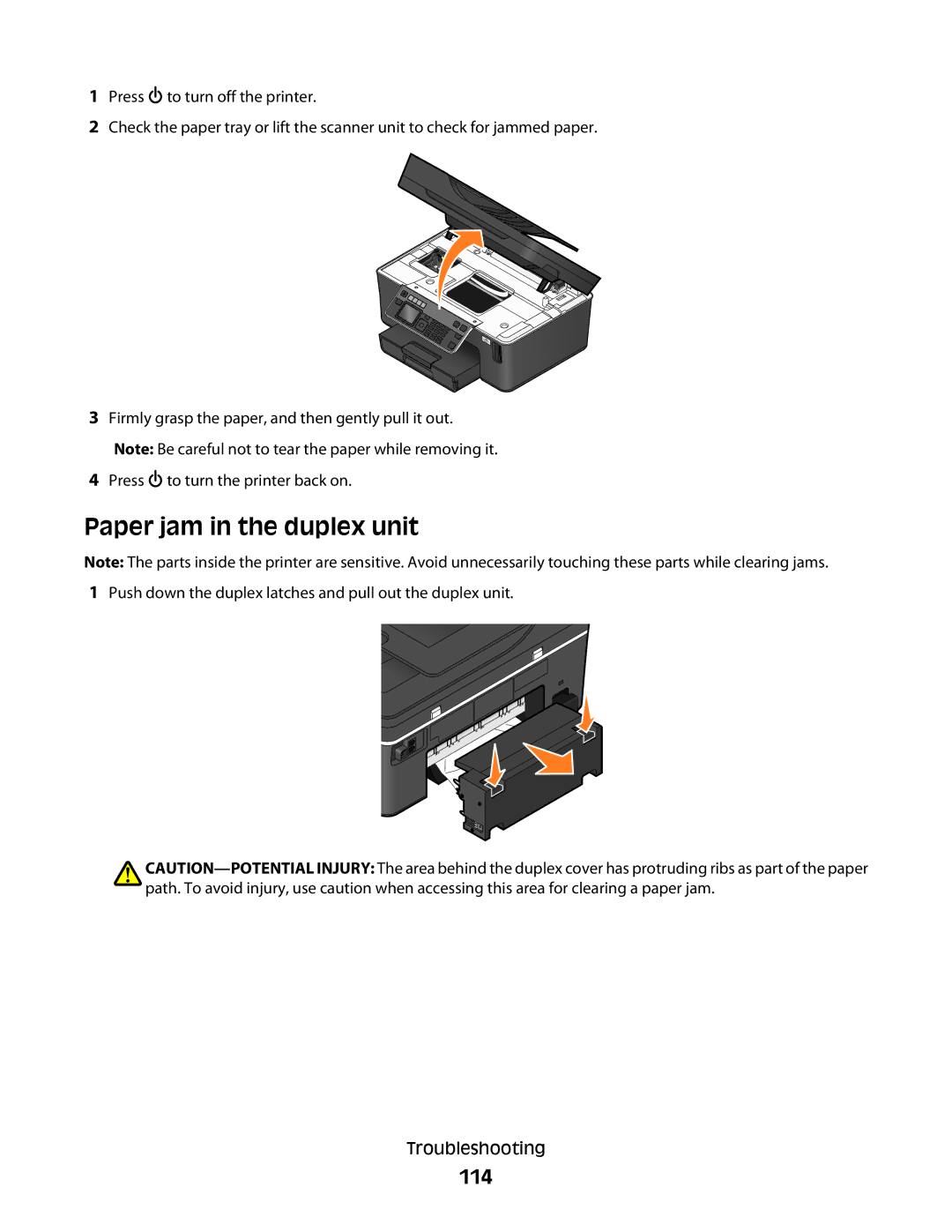 Dell V715W, 5dw, 1dw manual Paper jam in the duplex unit, 114 