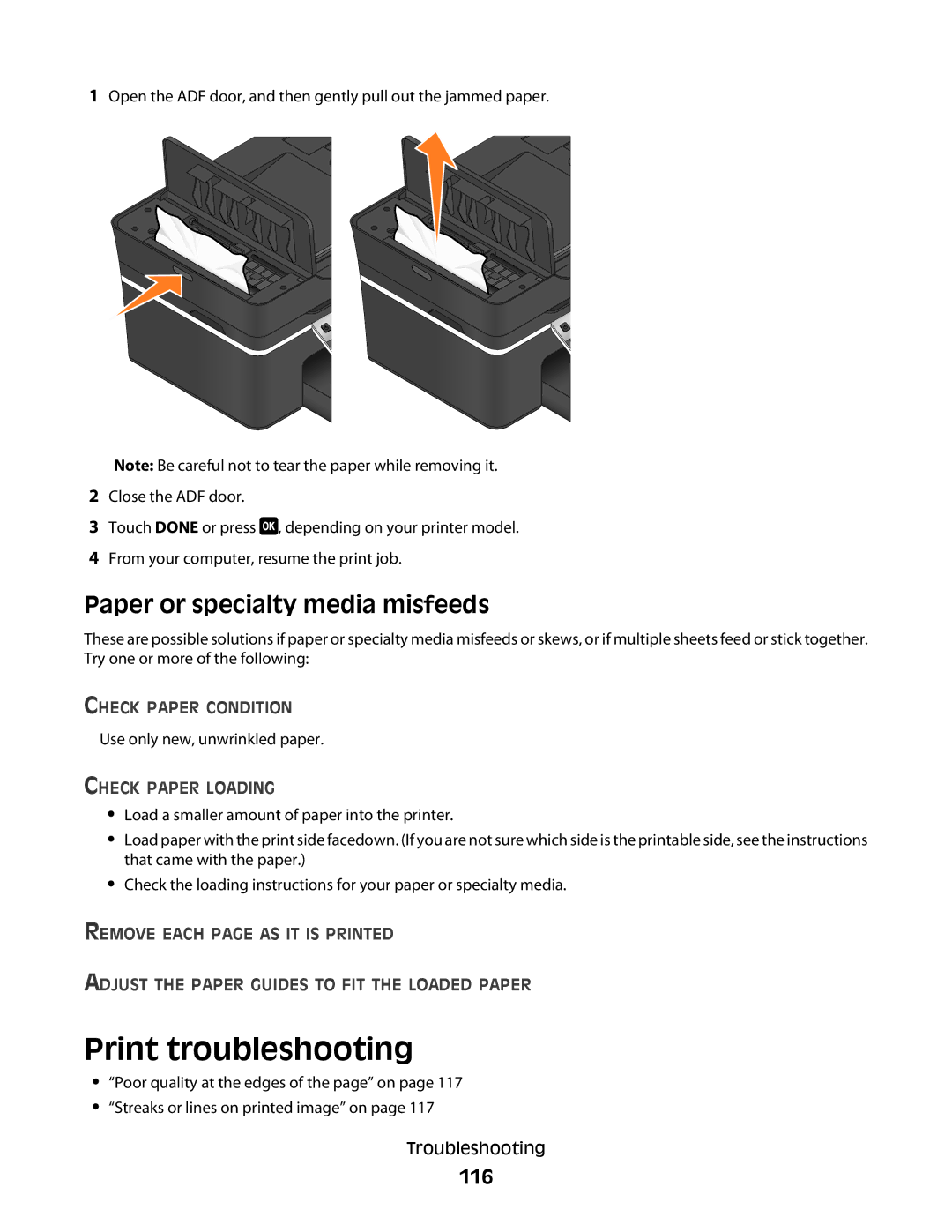 Dell 1dw, V715W Print troubleshooting, Paper or specialty media misfeeds, 116, Check Paper Condition, Check Paper Loading 