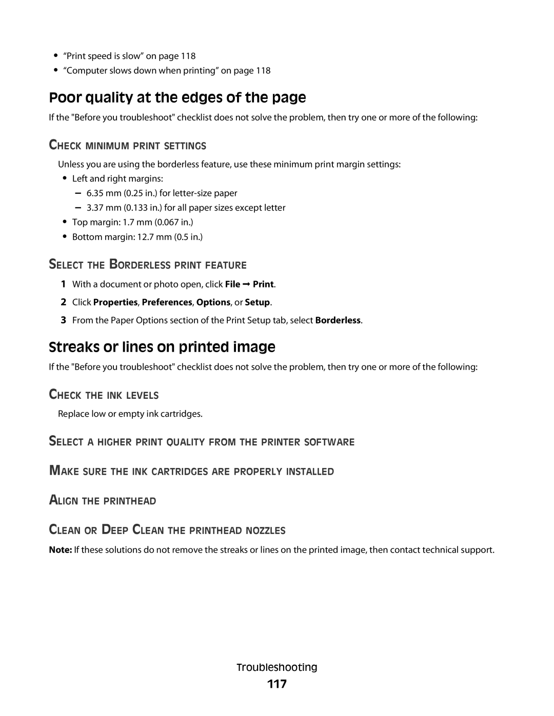 Dell V715W, 5dw, 1dw manual Poor quality at the edges, Streaks or lines on printed image, 117 