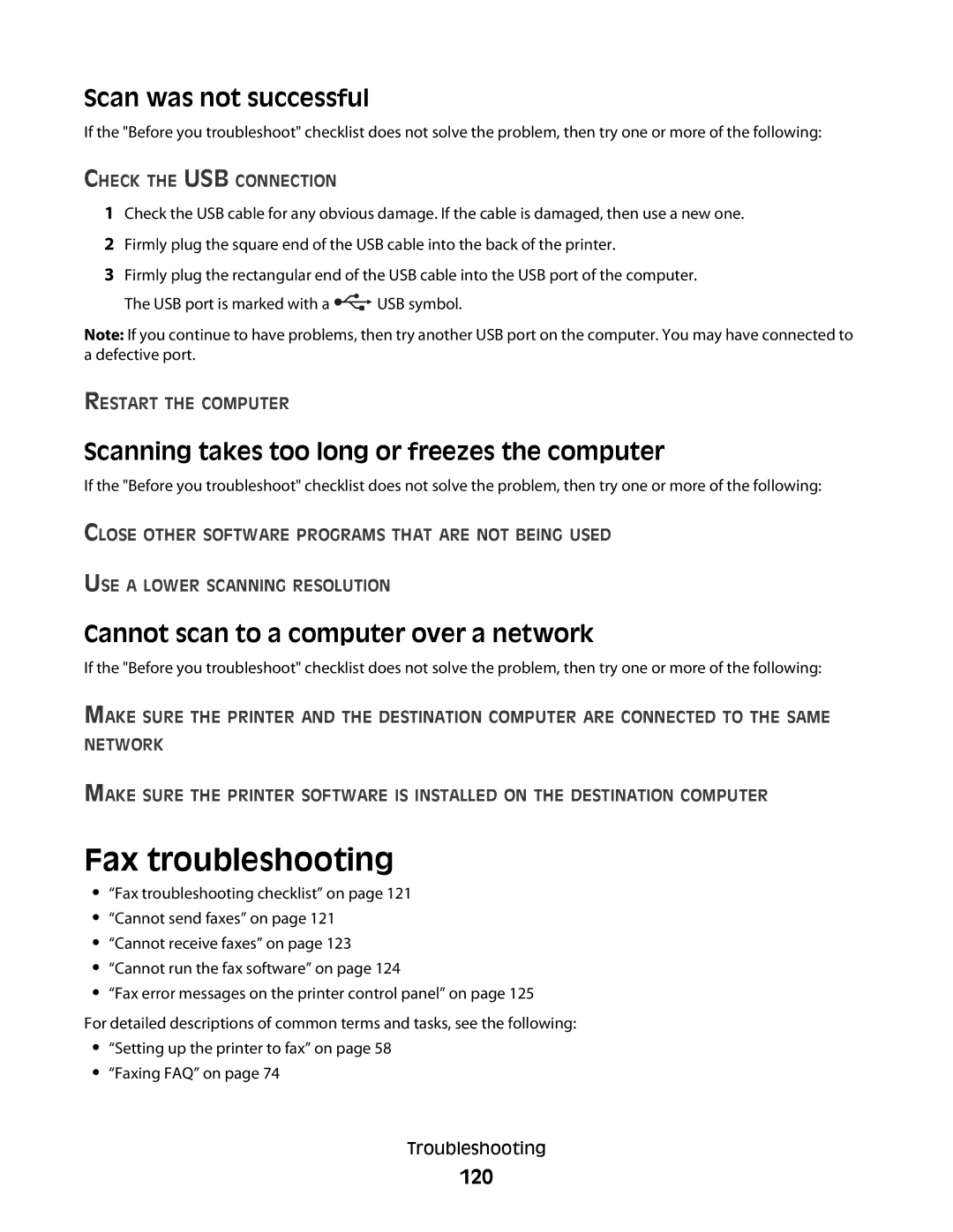 Dell V715W, 5dw, 1dw Fax troubleshooting, Scan was not successful, Scanning takes too long or freezes the computer, 120 