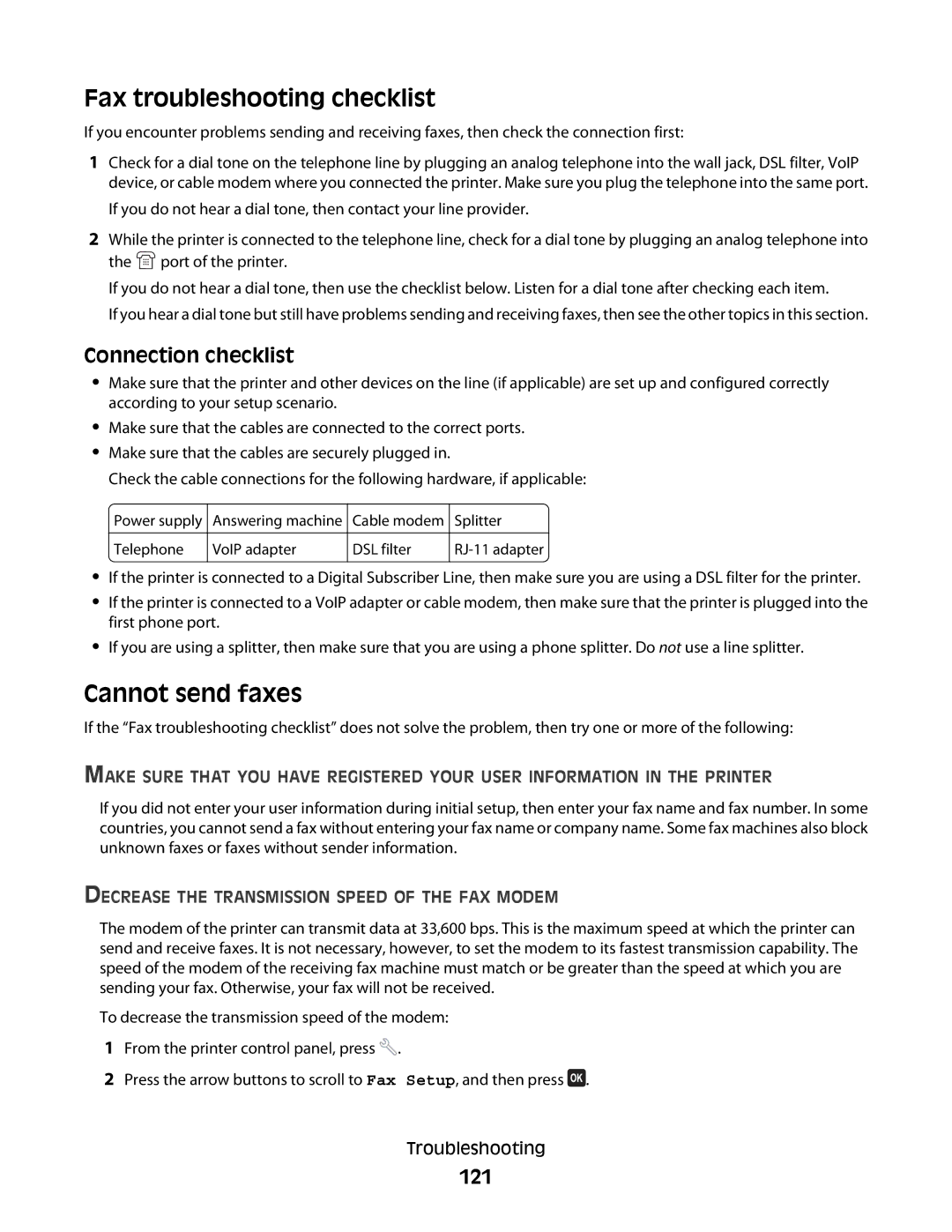 Dell 5dw, V715W, 1dw manual Fax troubleshooting checklist, Cannot send faxes, Connection checklist, 121 